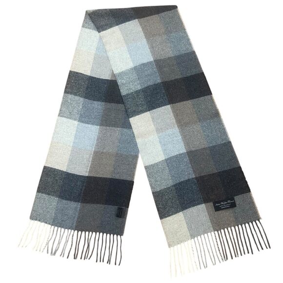 Italian Woolen Treasures Wool Scarf Shawl Pure Lambswool Brown Grey Check Unisex - Picture 1 of 8